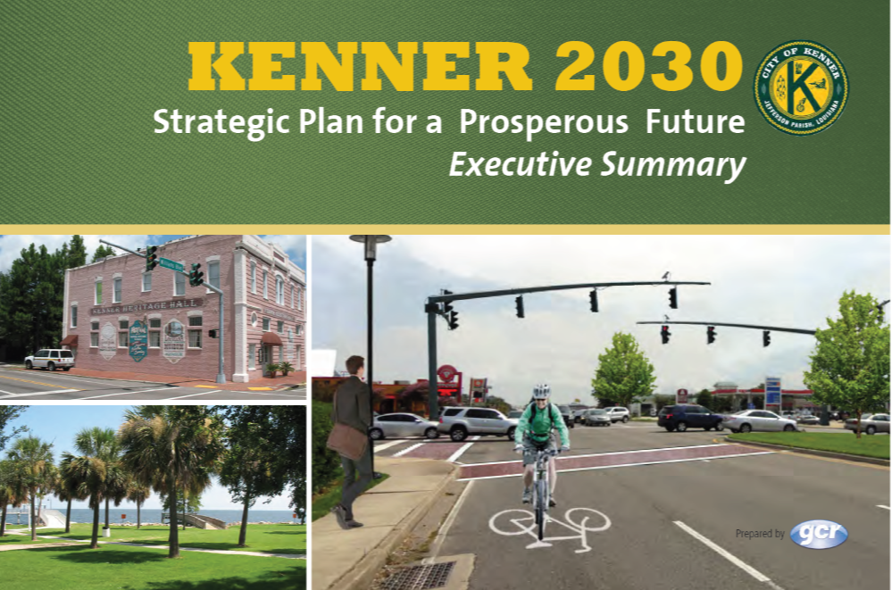 A collage of the future Kenner 2030 plans, including a man on a bike, Heritage Hall, and the lake