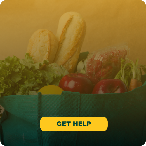 Image of grocery bag labeled ‘Get Help’ – access food aid and support services at Kenner Food Bank