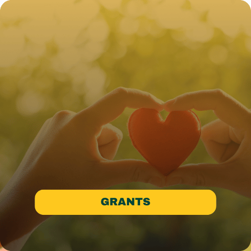 Text reads grants with an image of a hand holding a red heart shape 