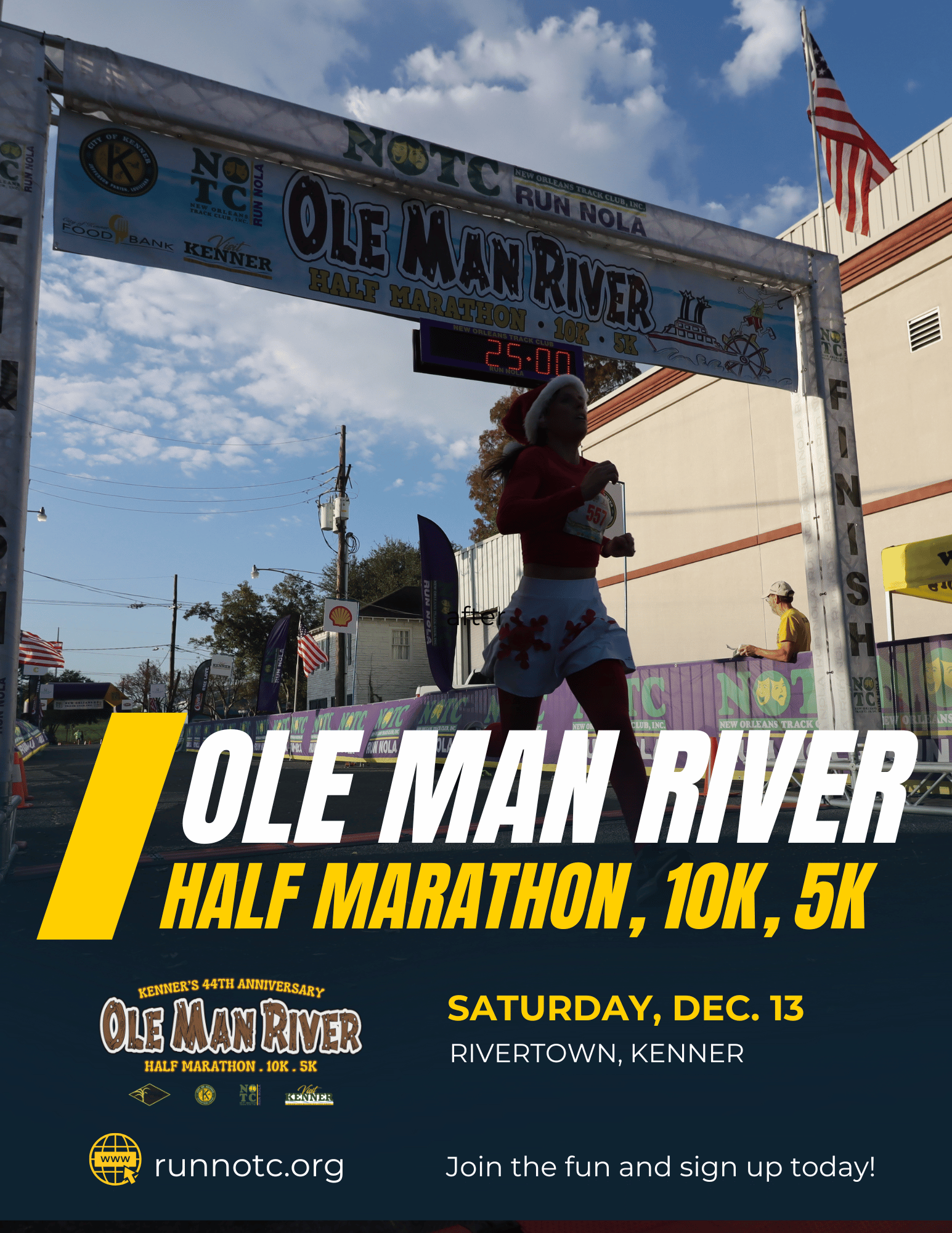 read more to learn about kenners Ole Man River half marathon, 10K, 5K race sign up