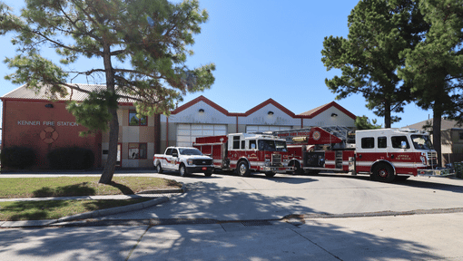 Kenner Fire Station 37 with fire trucks and a ford truck